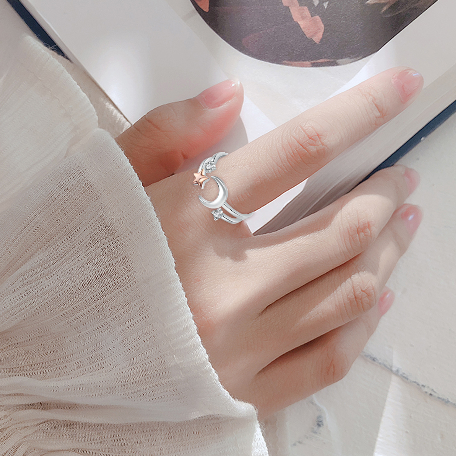 Moon Ring 925 Sterling Silver Crescent Moon Star Ring Adjustable Open Ring
